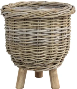 Van der Leeden Rattan-Topf mit Füßen, rund, grau, ca. Ø34/H40 cm