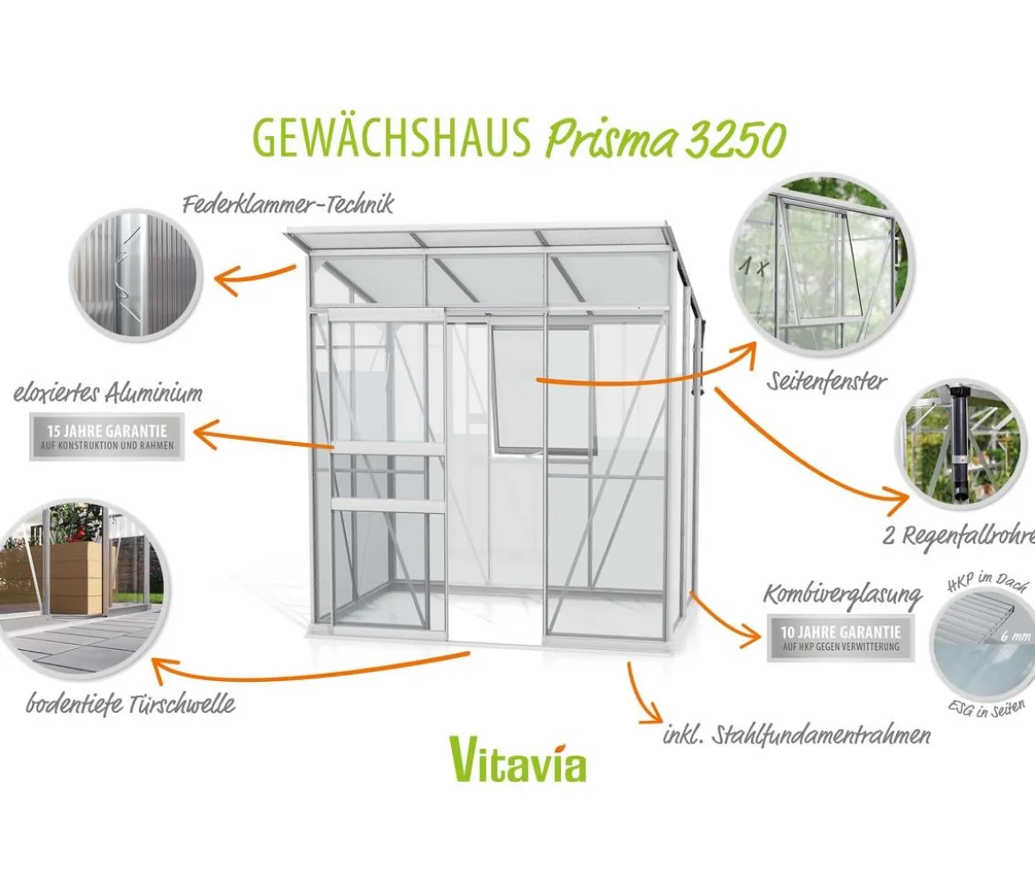 Vitavia Gewächshaus Prisma 3250 ESG/HKP, inkl. Stahlfundamentrahmen