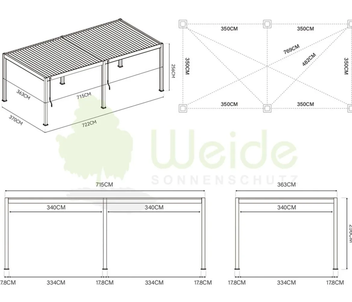 Weide Deluxe Pergola Voll-Alu, ca. B720/H255/T360 cm
