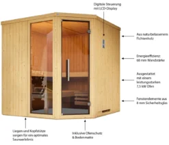 Weka Ecksauna Varberg mit Glastür und Fenster inkl. Ofen, ca. B194/H199/T194 cm