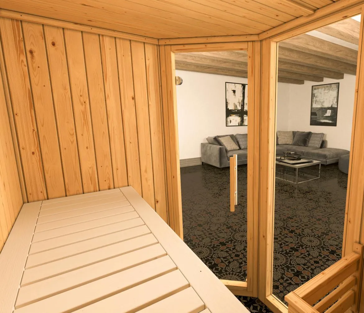 Weka Ecksauna Varberg mit Glastür und Fenster
