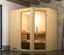 Weka Ecksauna Varberg mit Glastür und Fenster