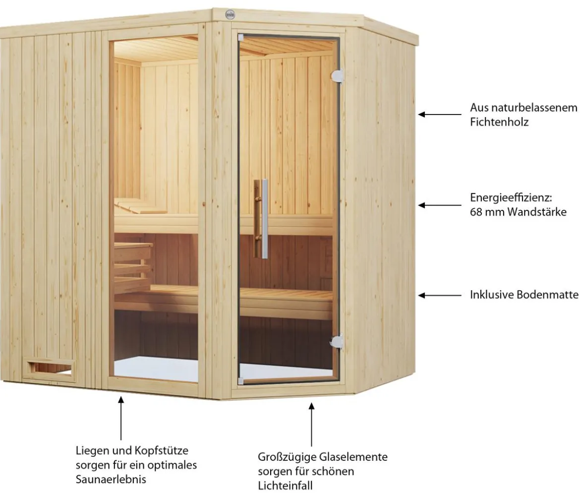 Weka Ecksauna Varberg mit Glastür und Fenster