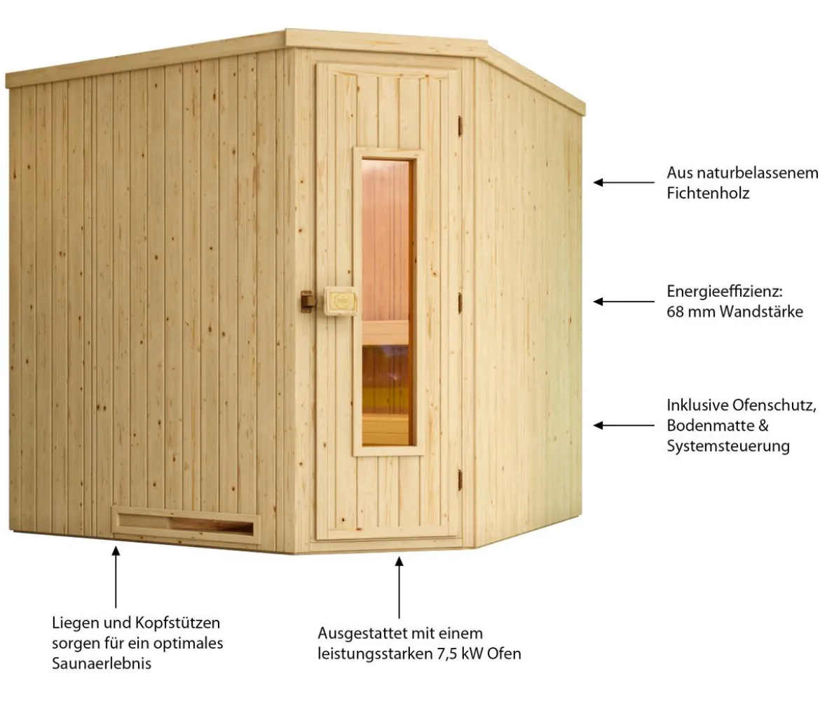 Weka Ecksauna Varberg mit Holztür inkl. Ofen, ca. B194/H199/T194 cm