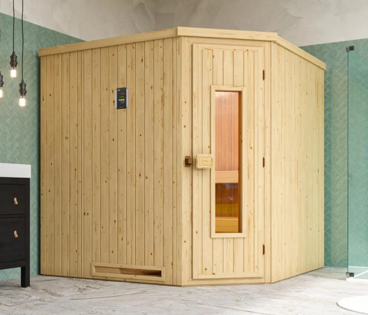 Weka Ecksauna Varberg mit Holztür inkl. Ofen, ca. B194/H199/T194 cm