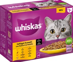 Whiskas® Nassfutter für Katzen Multipack 1+, Geflügel Auswahl in Sauce, Adult, 12 x 85 g