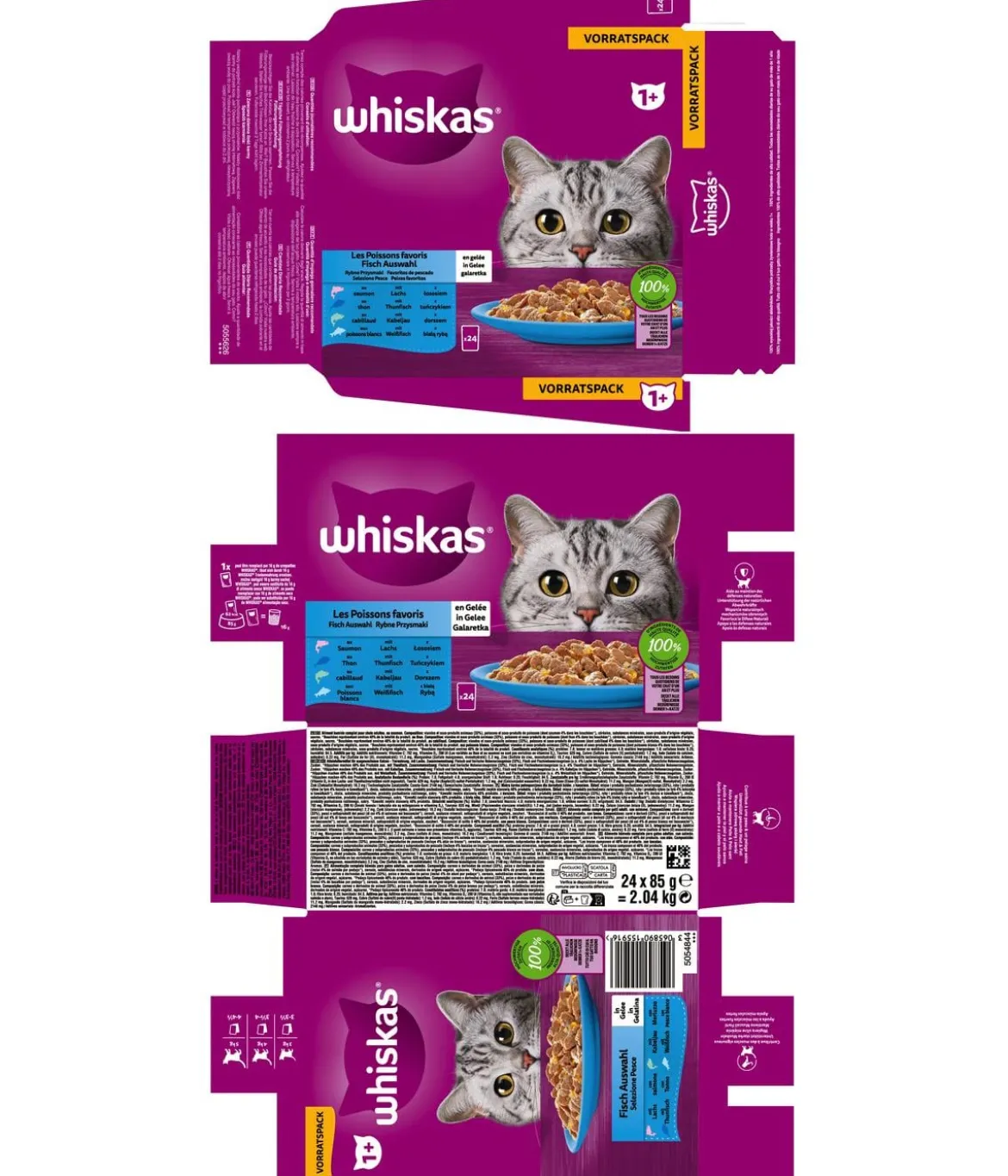 Whiskas® Nassfutter für Katzen Multipack 1+ Fisch in Gelee, Adult, 24 x 85 g