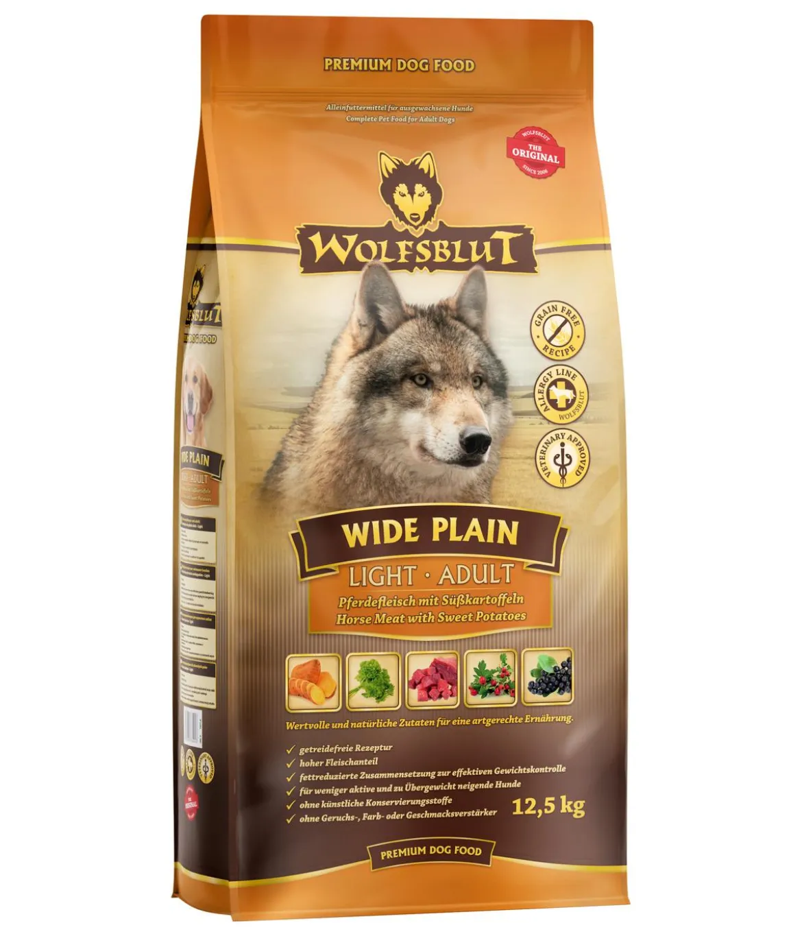 WOLFSBLUT Trockenfutter für Hunde Wide Plain Adult Light, Pferd & Süßkartoffel